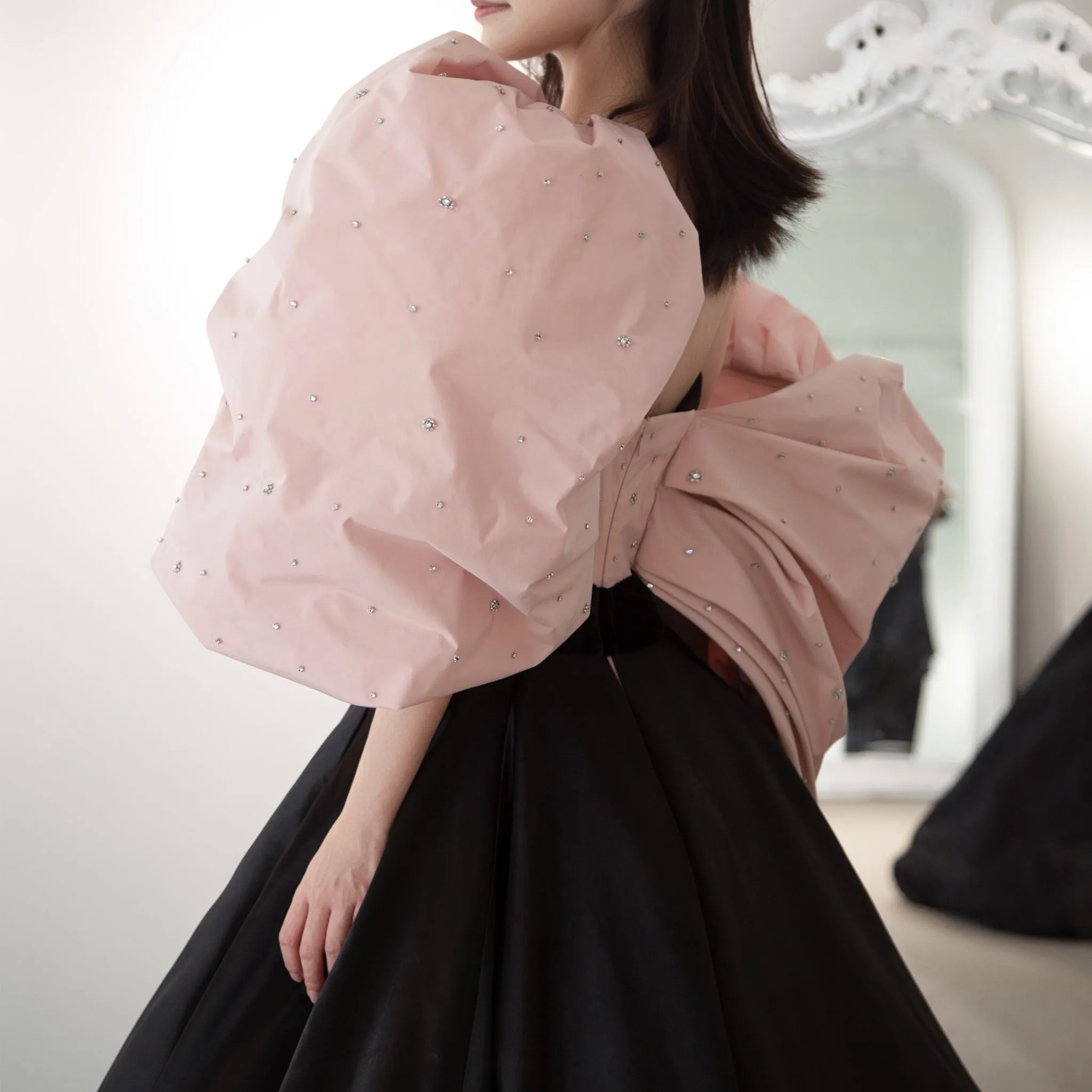 Big Puffy Sleeve Black & Pink Formal Dress Party Gowns Floor Length