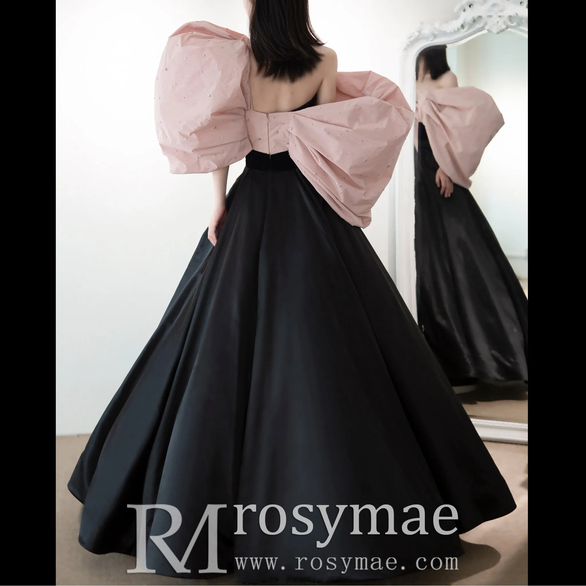 Big Puffy Sleeve Black & Pink Formal Dress Party Gowns Floor Length