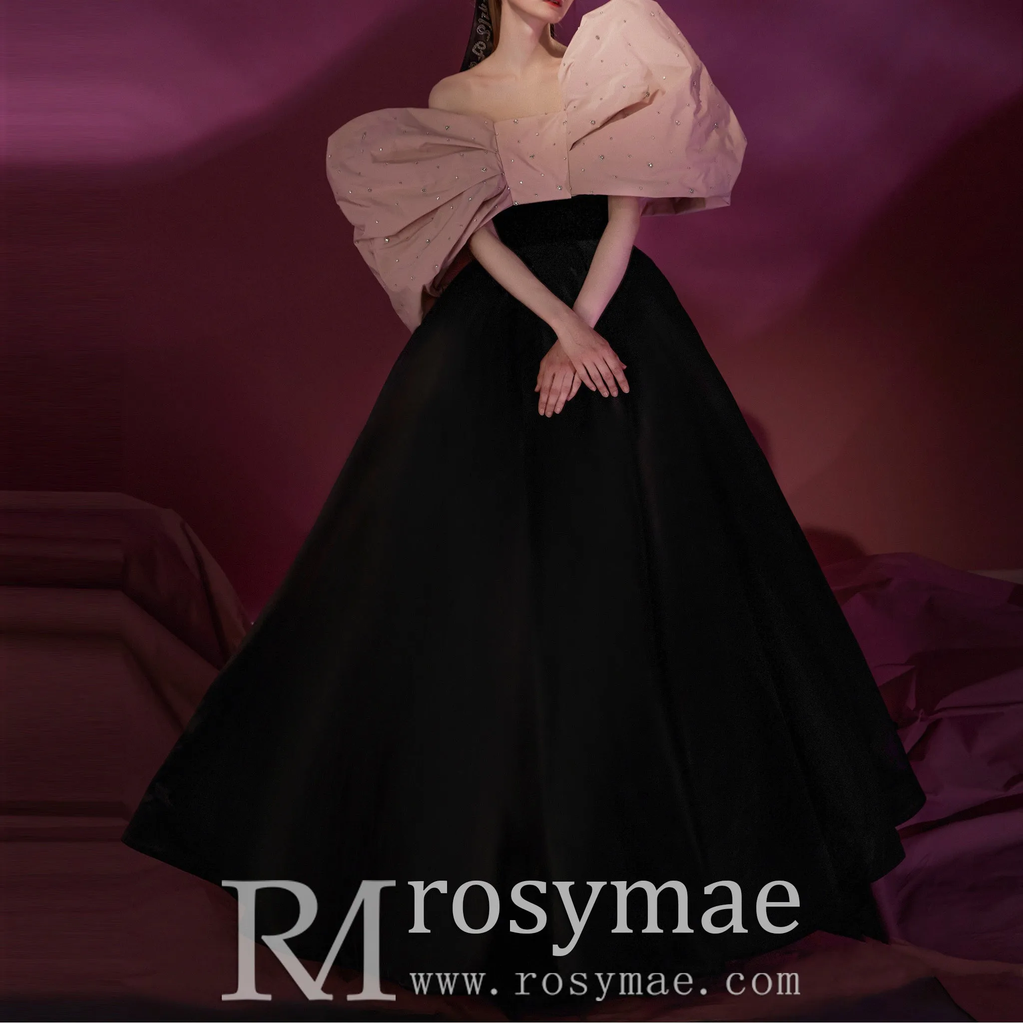 Big Puffy Sleeve Black & Pink Formal Dress Party Gowns Floor Length
