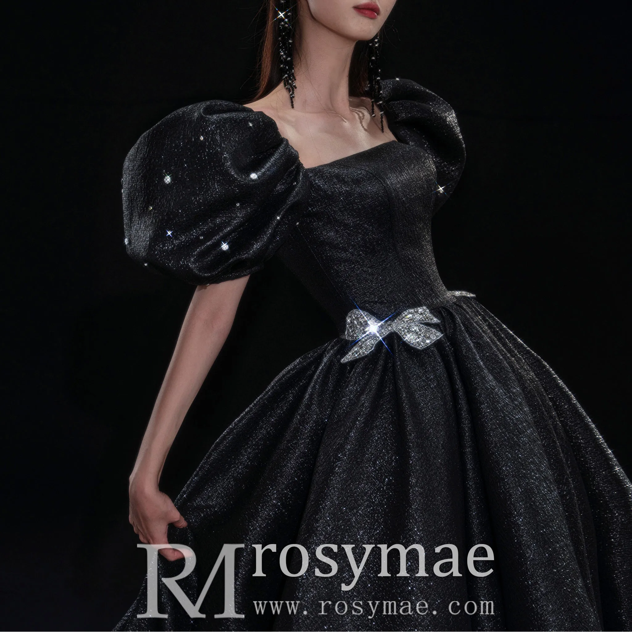 Black Cocktail Dress Calf Length Party Gown with Puffy Short Sleeve