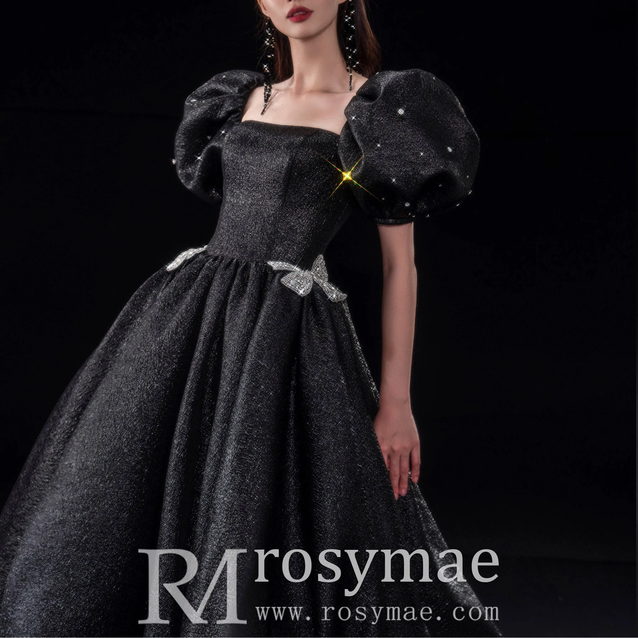 Black Cocktail Dress Calf Length Party Gown with Puffy Short Sleeve
