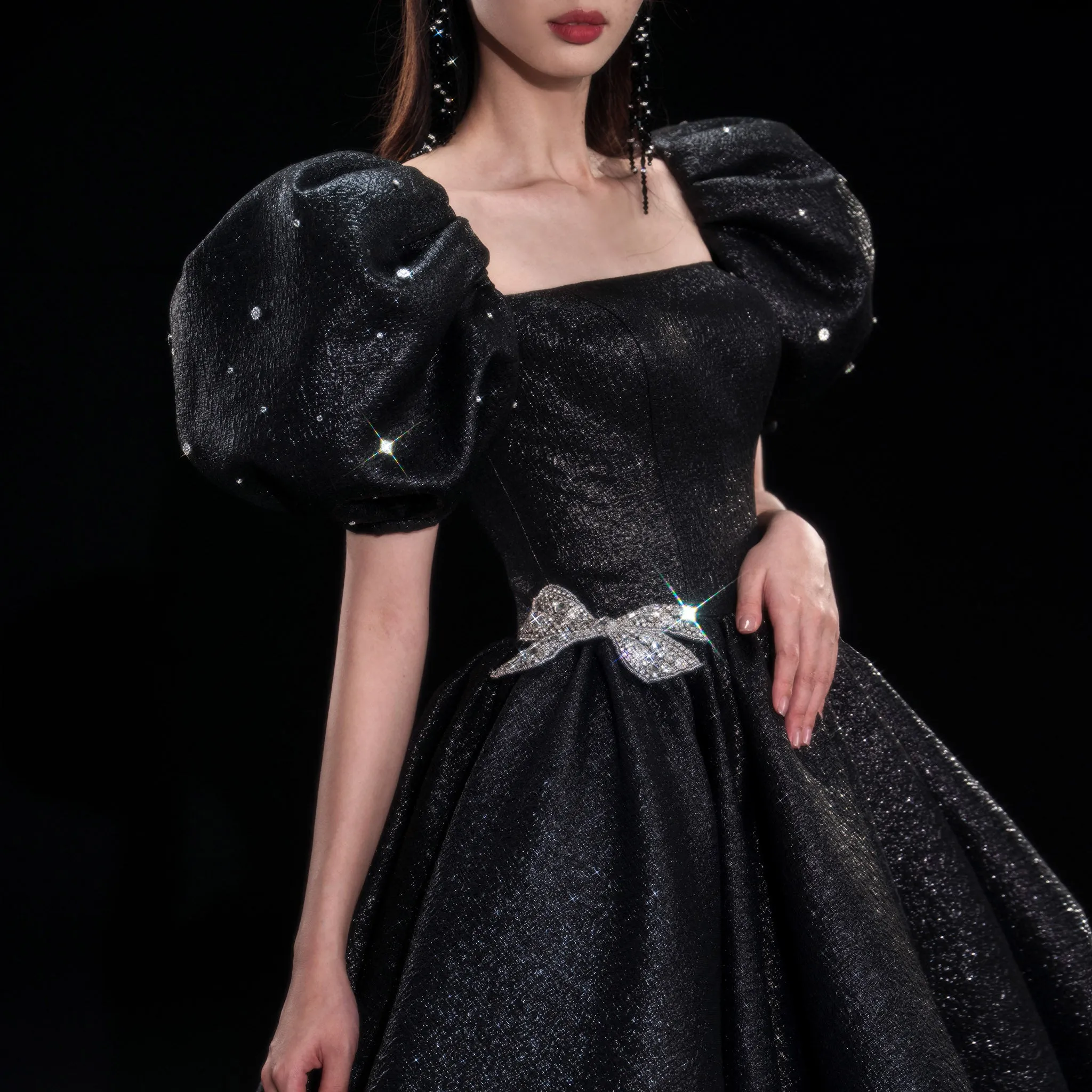 Black Cocktail Dress Calf Length Party Gown with Puffy Short Sleeve