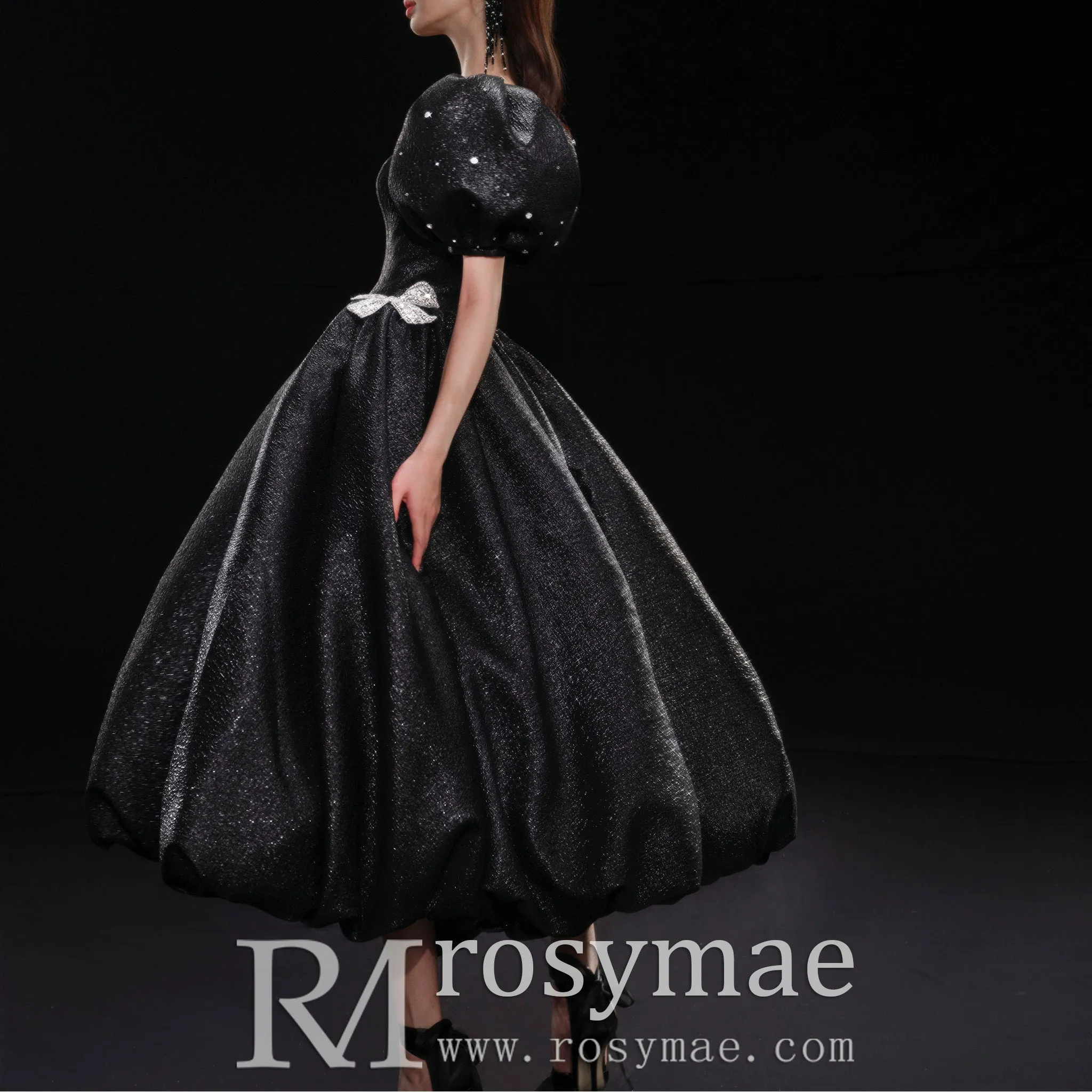 Black Cocktail Dress Calf Length Party Gown with Puffy Short Sleeve