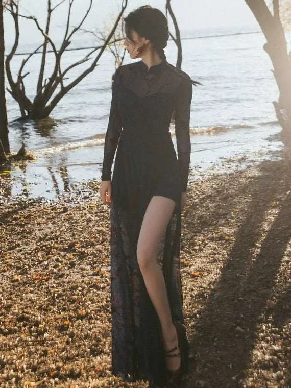 black color dress, dance qipao, Ball Gown, floral print