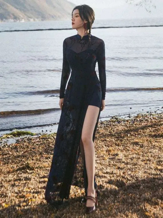 black color dress, dance qipao, Ball Gown, floral print