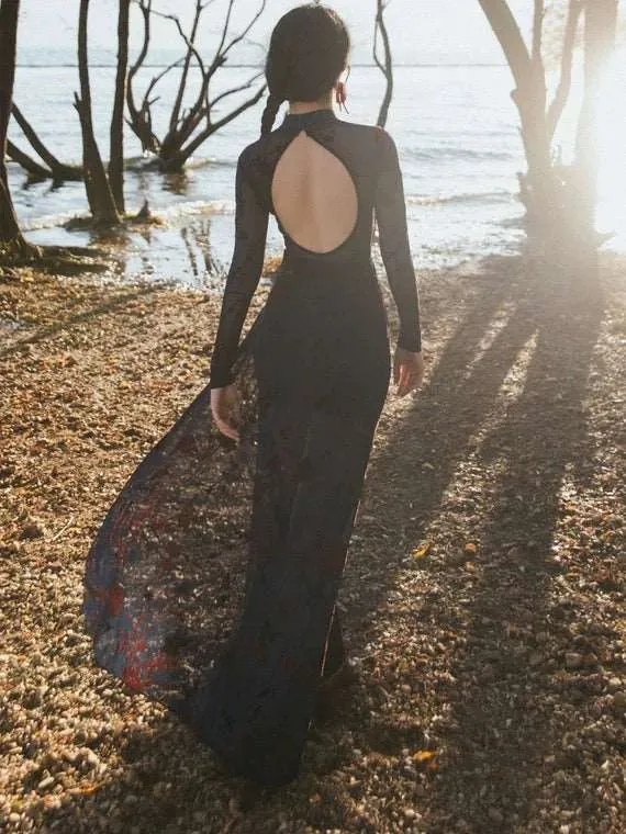 black color dress, dance qipao, Ball Gown, floral print