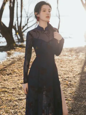 black color dress, dance qipao, Ball Gown, floral print