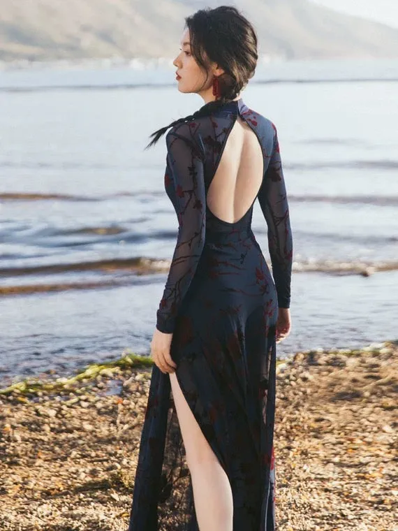 black color dress, dance qipao, Ball Gown, floral print