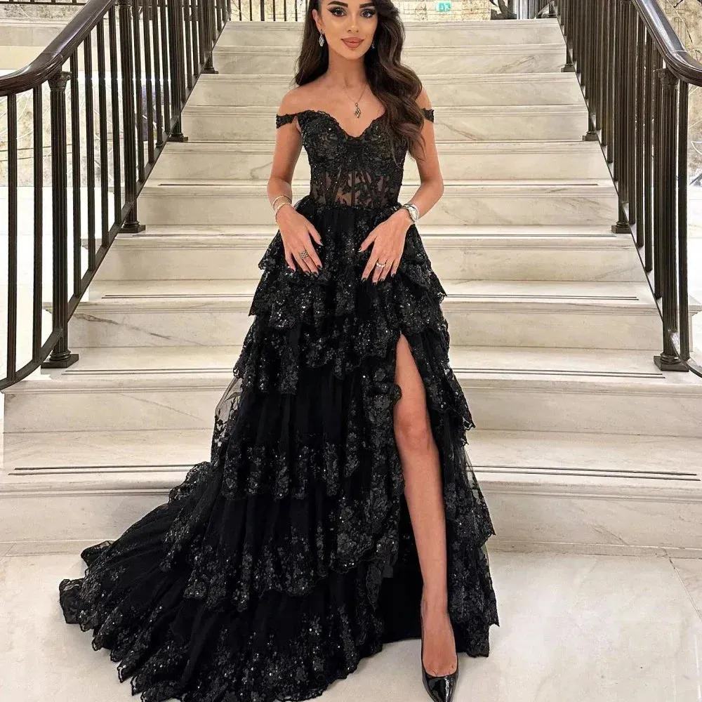 Black Glitter Tulle robes de soirée Off the Shoulder A-line Prom Dresses Floor-length Side Split Sleeveless Wedding Dress