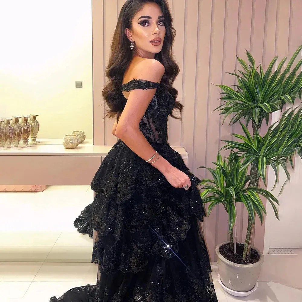 Black Glitter Tulle robes de soirée Off the Shoulder A-line Prom Dresses Floor-length Side Split Sleeveless Wedding Dress