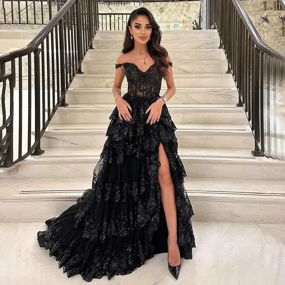 Black Glitter Tulle robes de soirée Off the Shoulder A-line Prom Dresses Floor-length Side Split Sleeveless Wedding Dress