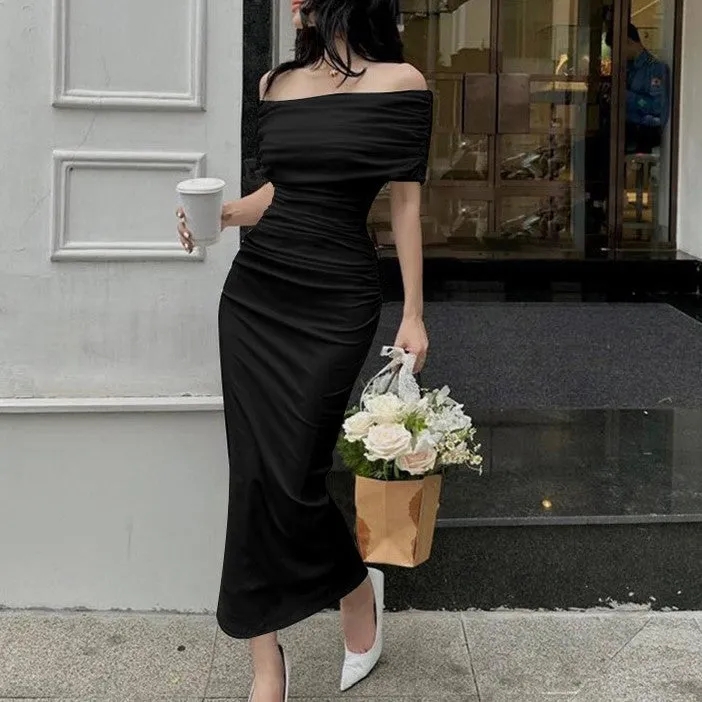 Black Off-Shoulder Solid Midi Dress