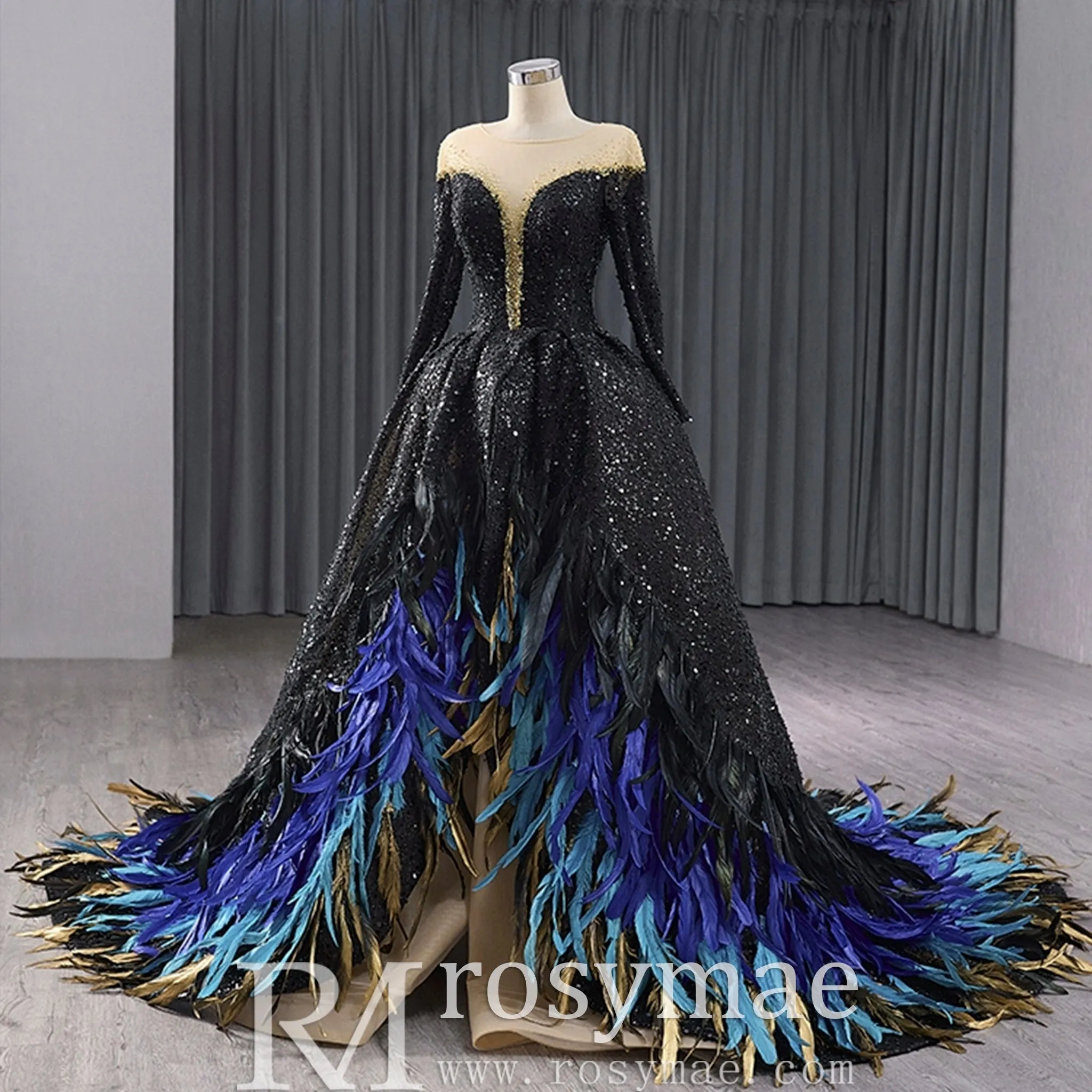 Black Sequin Wedding Gown Long Sleeve Quinceanera Dress with Feather