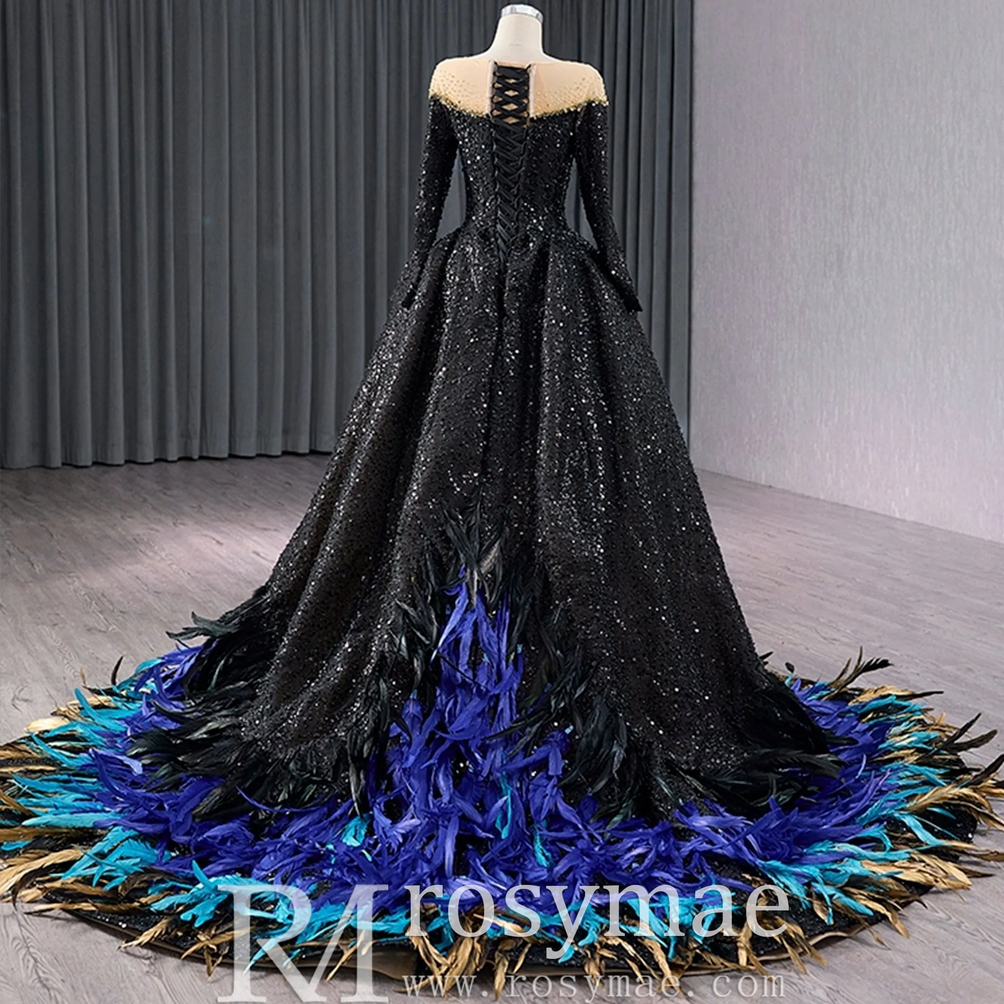 Black Sequin Wedding Gown Long Sleeve Quinceanera Dress with Feather
