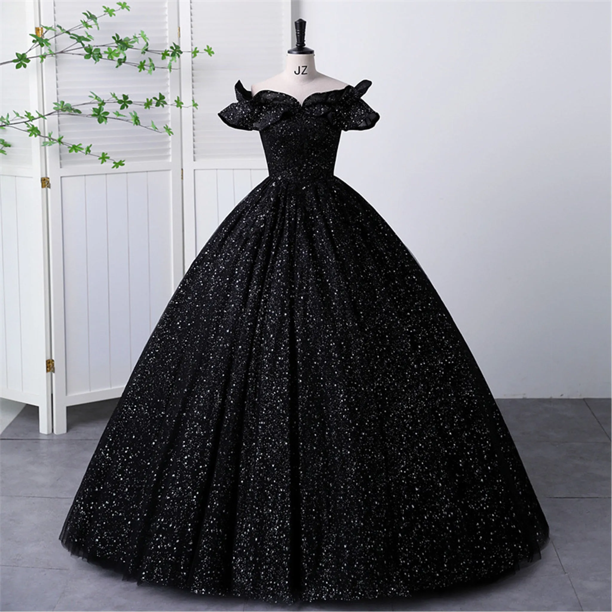 Black Sparky Off Shoulder Ball Gown Floor Length Party Dress In Wedding
