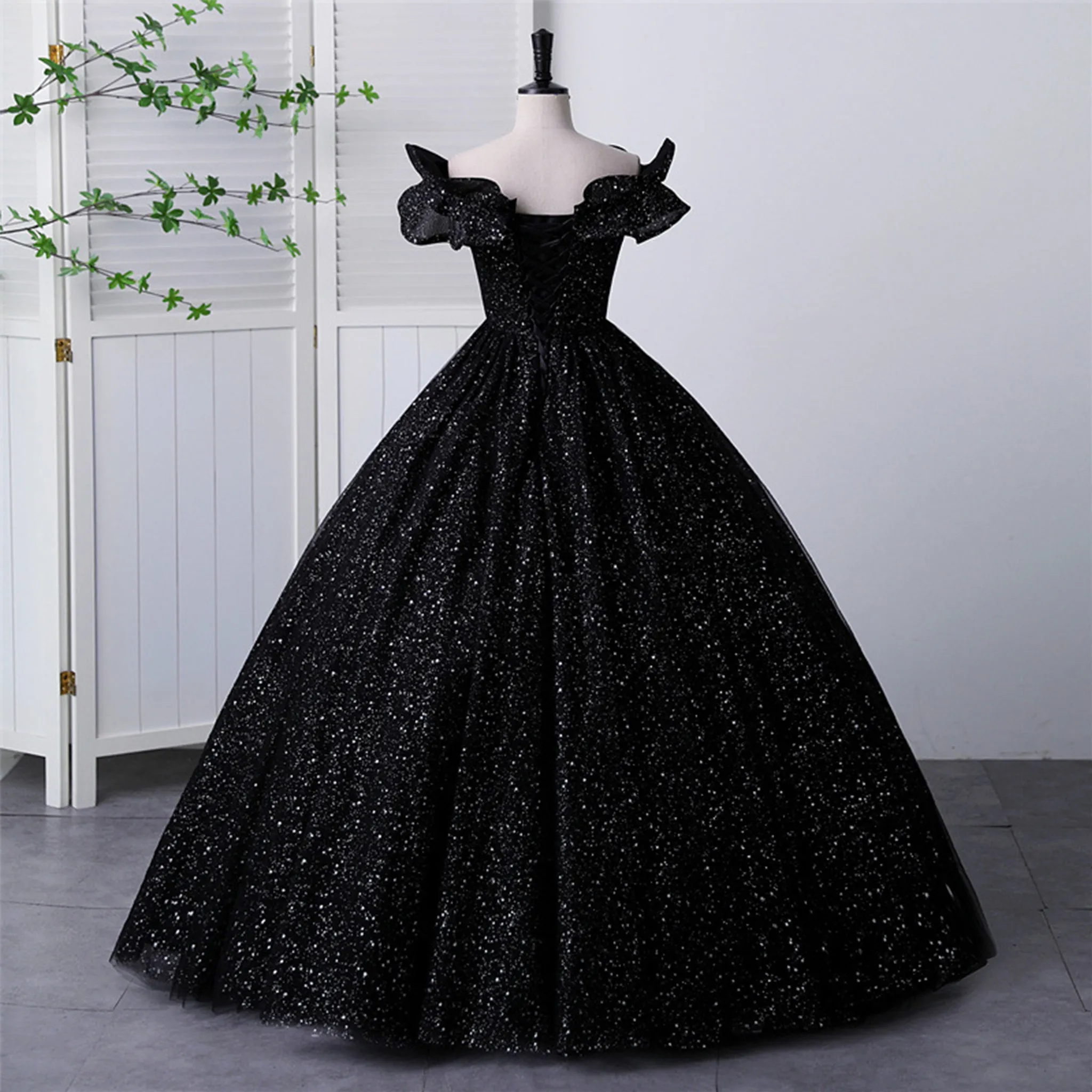 Black Sparky Off Shoulder Ball Gown Floor Length Party Dress In Wedding
