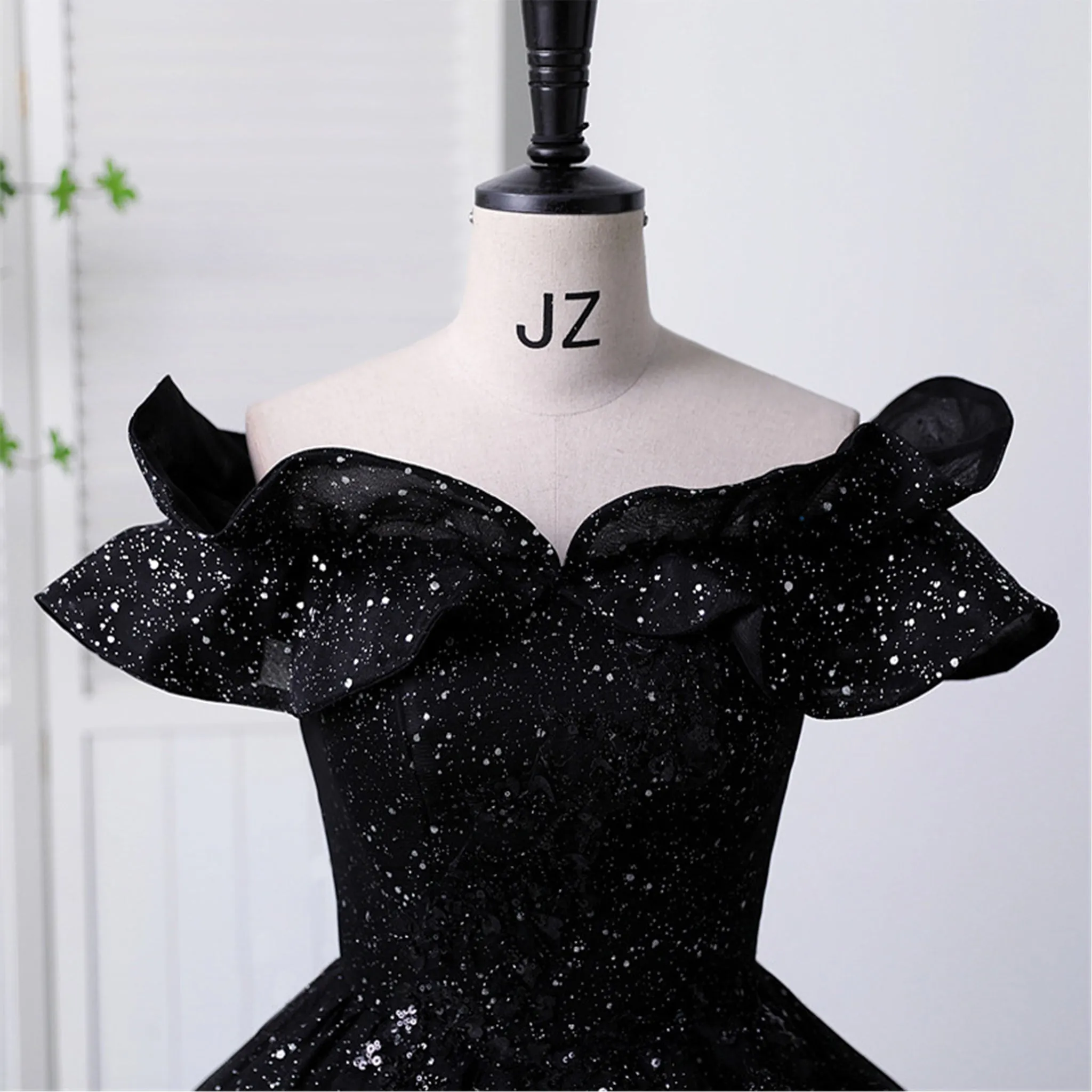 Black Sparky Off Shoulder Ball Gown Floor Length Party Dress In Wedding