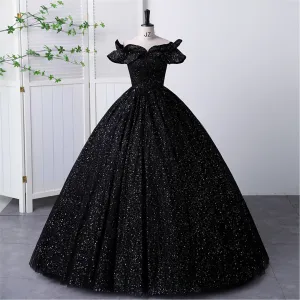 Black Sparky Off Shoulder Ball Gown Floor Length Party Dress In Wedding