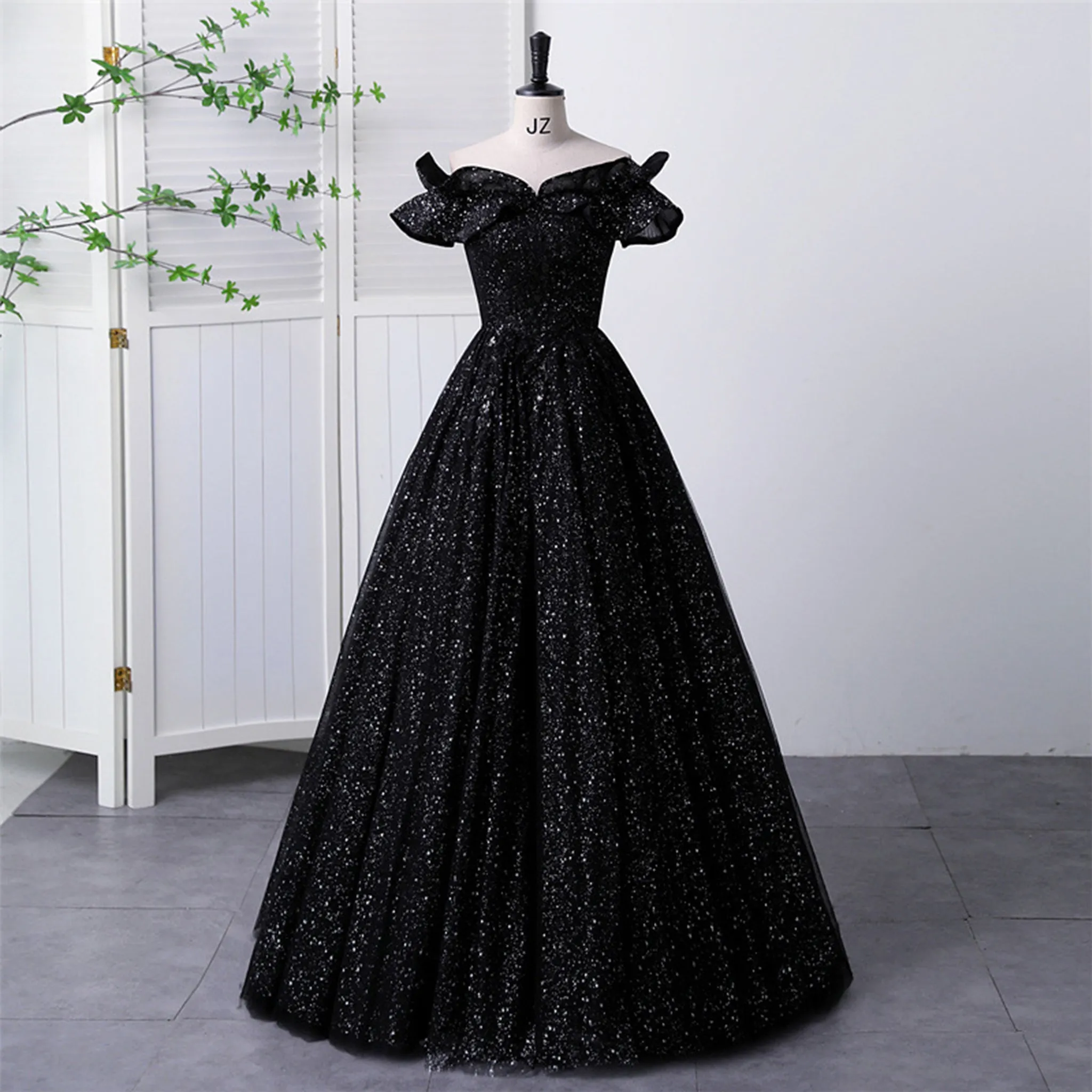 Black Sparky Off Shoulder Ball Gown Floor Length Party Dress In Wedding