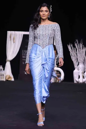 Blue Off-Shoulder Drape Dress