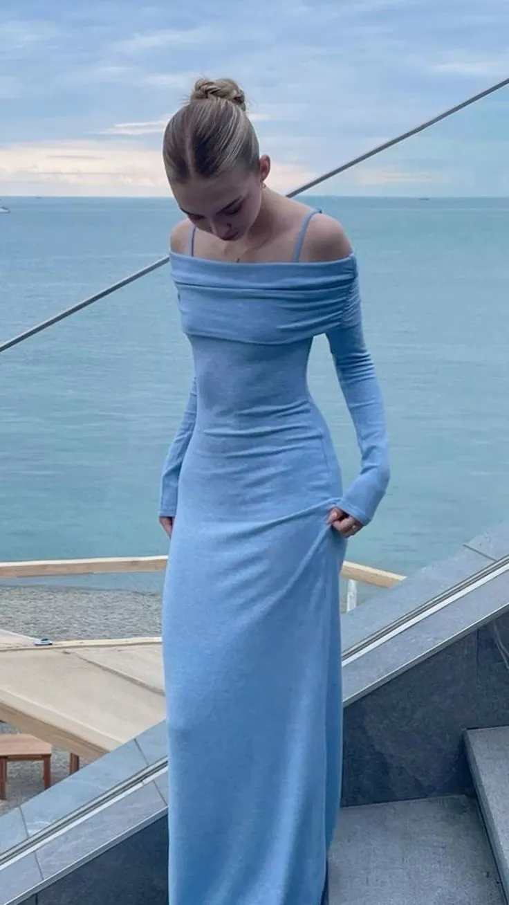 Blue Off Shoulder Long Sleeves Sheath Long Party Dress Evening Dress, D273