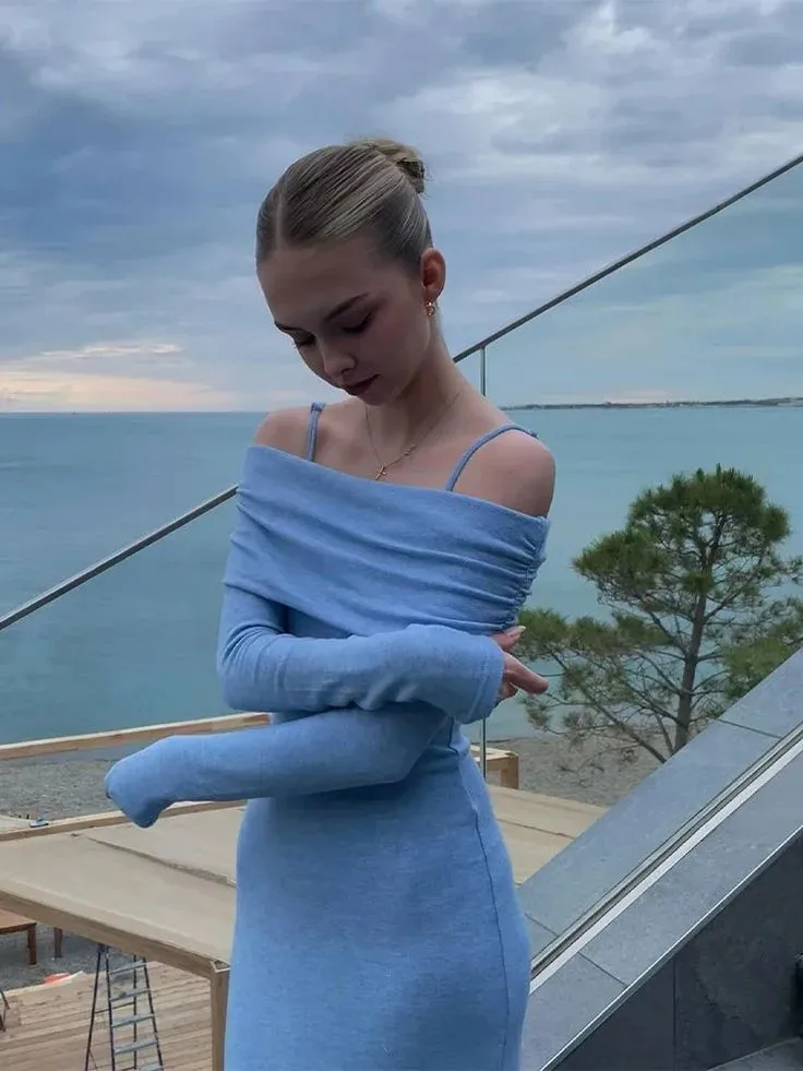 Blue Off Shoulder Long Sleeves Sheath Long Party Dress Evening Dress, D273