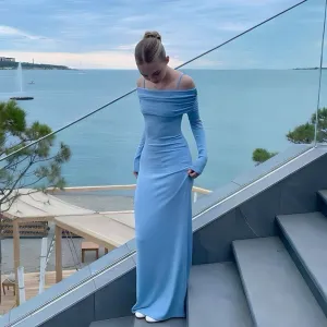 Blue Off Shoulder Long Sleeves Sheath Long Party Dress Evening Dress, D273