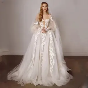 Bohemia Wedding Dresses Sweetheart 3D Flower Appliques Lace A-Line Bridal Gowns Beach Puff Sleeves Boho Wedding Dress
