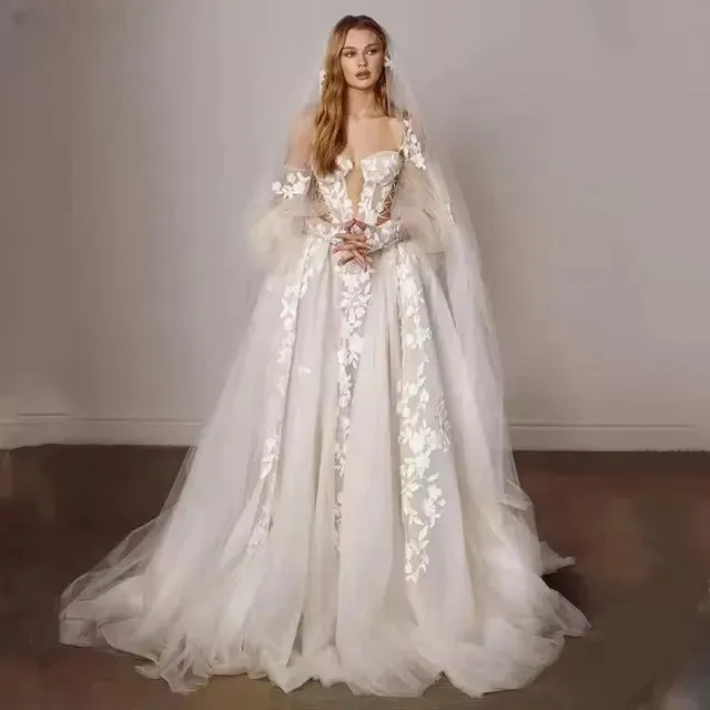 Bohemia Wedding Dresses Sweetheart 3D Flower Appliques Lace A-Line Bridal Gowns Beach Puff Sleeves Boho Wedding Dress