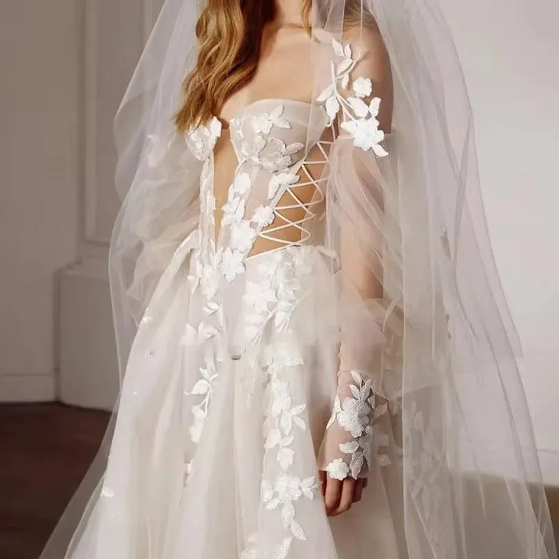 Bohemia Wedding Dresses Sweetheart 3D Flower Appliques Lace A-Line Bridal Gowns Beach Puff Sleeves Boho Wedding Dress