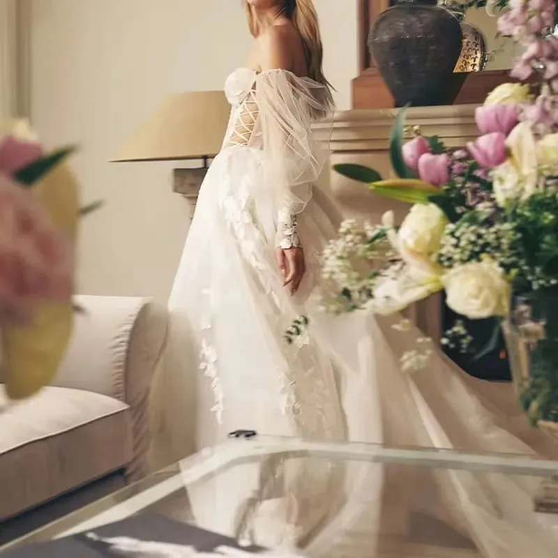 Bohemia Wedding Dresses Sweetheart 3D Flower Appliques Lace A-Line Bridal Gowns Beach Puff Sleeves Boho Wedding Dress