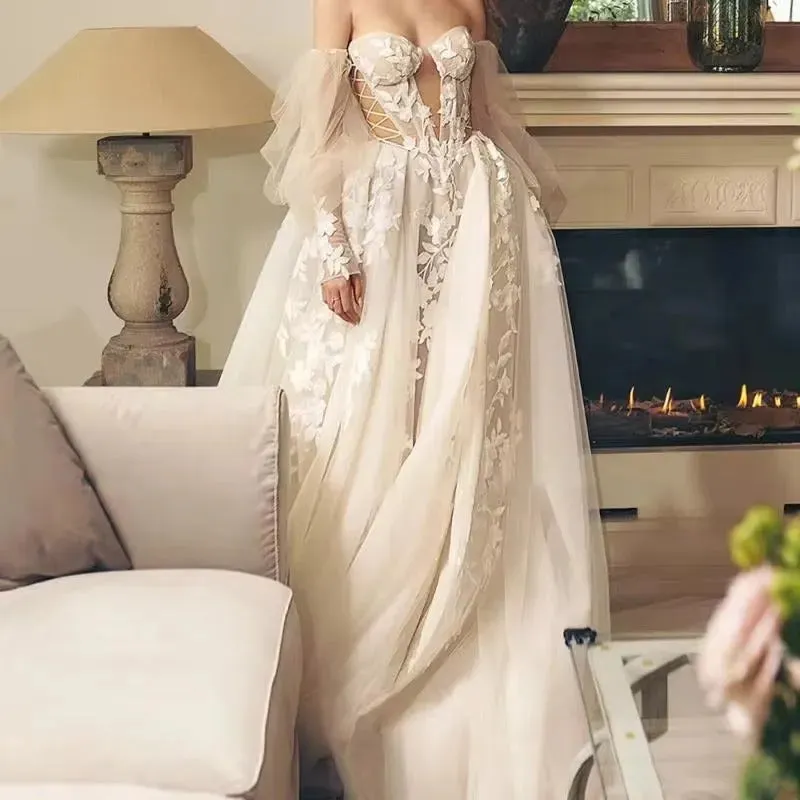 Bohemia Wedding Dresses Sweetheart 3D Flower Appliques Lace A-Line Bridal Gowns Beach Puff Sleeves Boho Wedding Dress