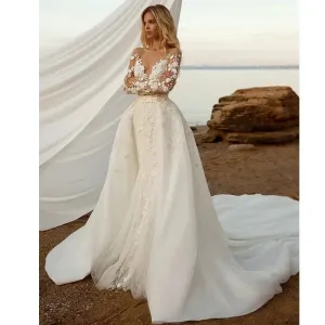 Bohemian Wedding Dresses Elegant Women Sexy V-Neck Mermaid Detachable Two In One Applique Button Bridal Gowns Vestidos De