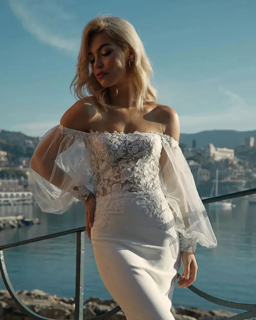 Boho Crape Mermaid Wedding Dresses Puff Sleeves Lace Appliques Beach Bride Dress Elegant Beach Wedding Gown