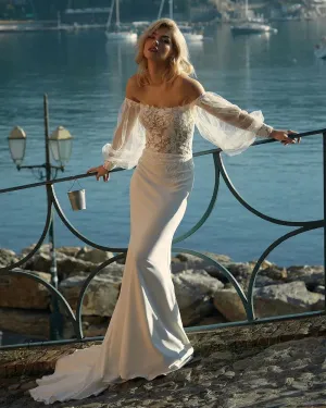 Boho Crape Mermaid Wedding Dresses Puff Sleeves Lace Appliques Beach Bride Dress Elegant Beach Wedding Gown