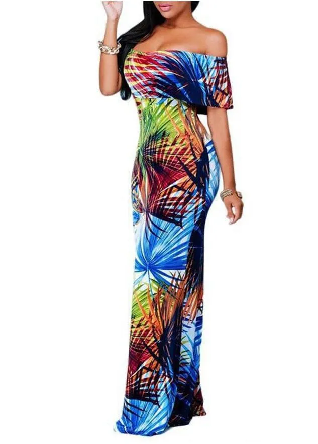 Boho Fashion Bodycon Long Summer Dresses Off The Shoulder Strapless Flower Print Backless Elegant Party Maxi Dress