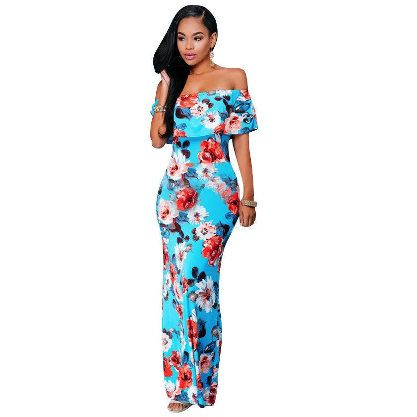 Boho Fashion Bodycon Long Summer Dresses Off The Shoulder Strapless Flower Print Backless Elegant Party Maxi Dress