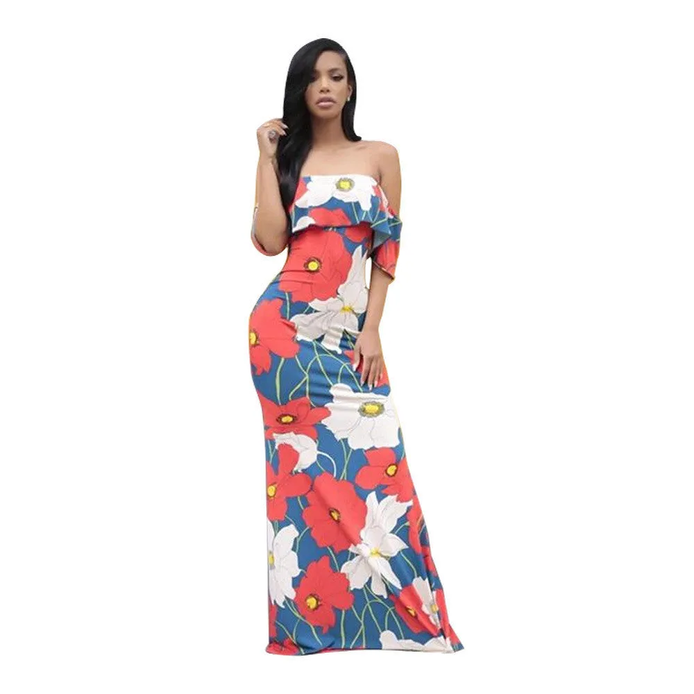 Boho Fashion Bodycon Long Summer Dresses Off The Shoulder Strapless Flower Print Backless Elegant Party Maxi Dress