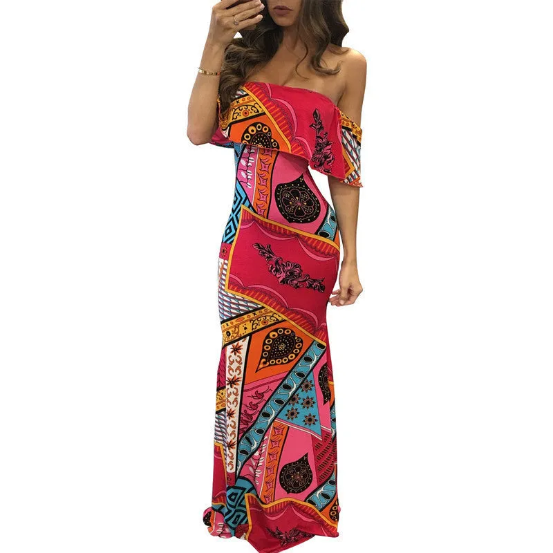 Boho Fashion Bodycon Long Summer Dresses Off The Shoulder Strapless Flower Print Backless Elegant Party Maxi Dress
