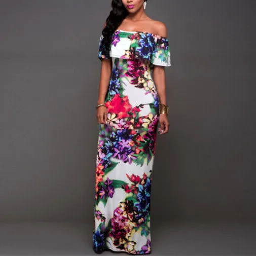 Boho Fashion Bodycon Long Summer Dresses Off The Shoulder Strapless Flower Print Backless Elegant Party Maxi Dress