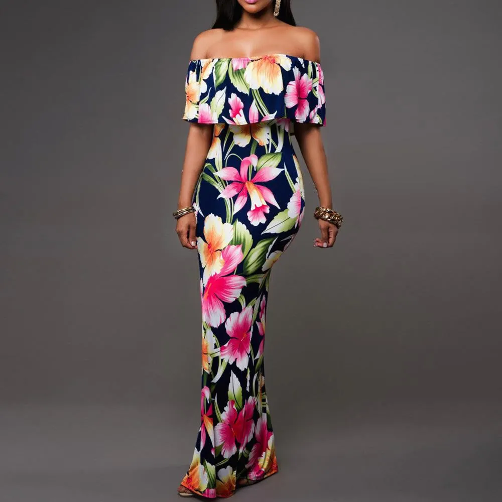 Boho Fashion Bodycon Long Summer Dresses Off The Shoulder Strapless Flower Print Backless Elegant Party Maxi Dress