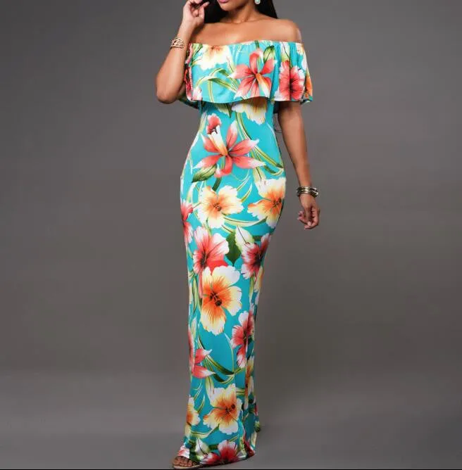Boho Fashion Bodycon Long Summer Dresses Off The Shoulder Strapless Flower Print Backless Elegant Party Maxi Dress