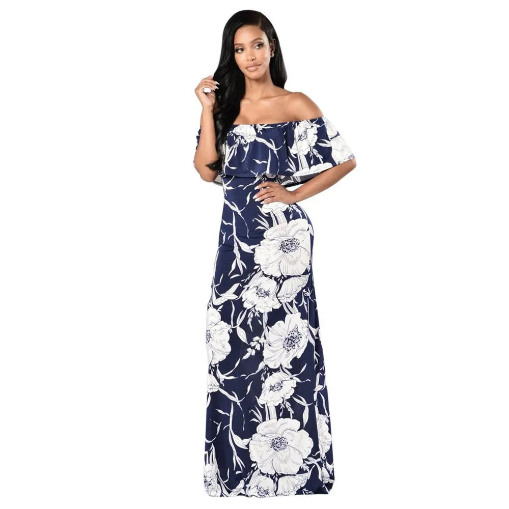 Boho Fashion Bodycon Long Summer Dresses Off The Shoulder Strapless Flower Print Backless Elegant Party Maxi Dress