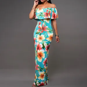Boho Fashion Bodycon Long Summer Dresses Off The Shoulder Strapless Flower Print Backless Elegant Party Maxi Dress