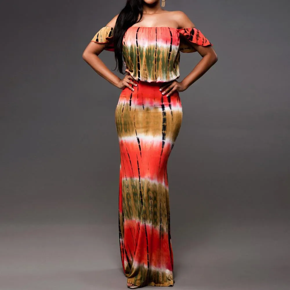 Boho Fashion Bodycon Long Summer Dresses Off The Shoulder Strapless Flower Print Backless Elegant Party Maxi Dress