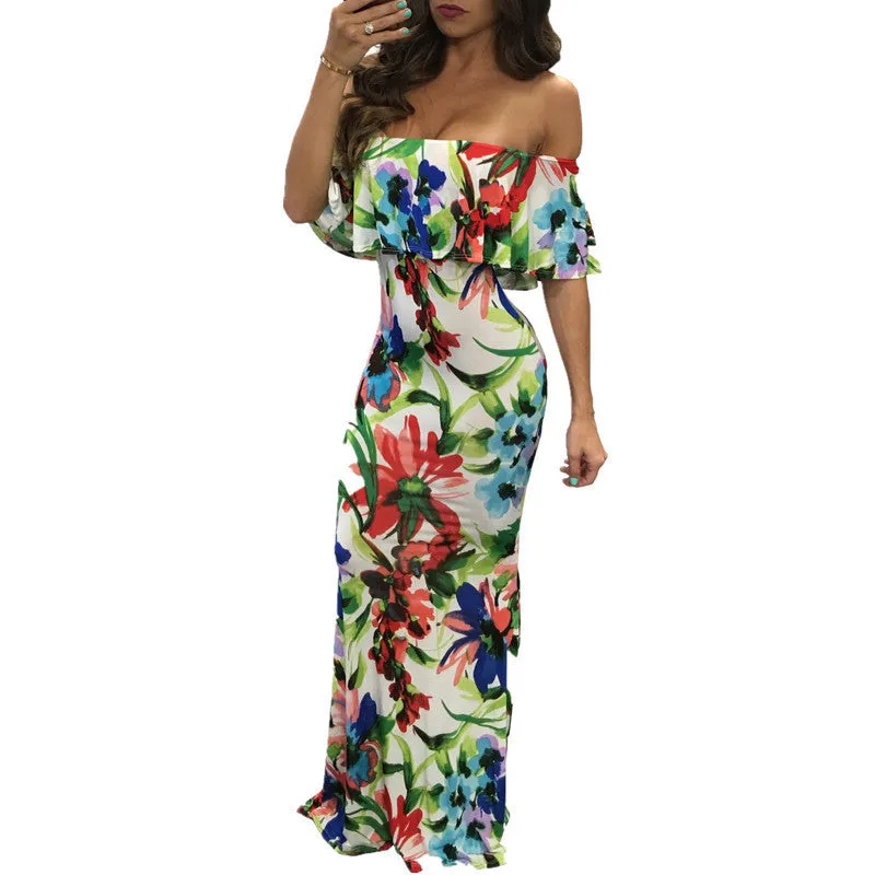 Boho Fashion Bodycon Long Summer Dresses Off The Shoulder Strapless Flower Print Backless Elegant Party Maxi Dress