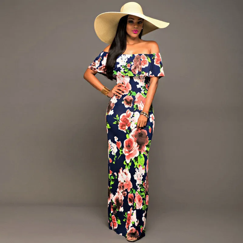 Boho Fashion Bodycon Long Summer Dresses Off The Shoulder Strapless Flower Print Backless Elegant Party Maxi Dress