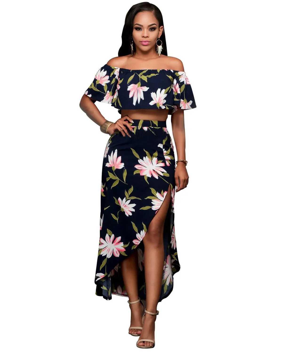 Boho Fashion Bodycon Long Summer Dresses Off The Shoulder Strapless Flower Print Backless Elegant Party Maxi Dress