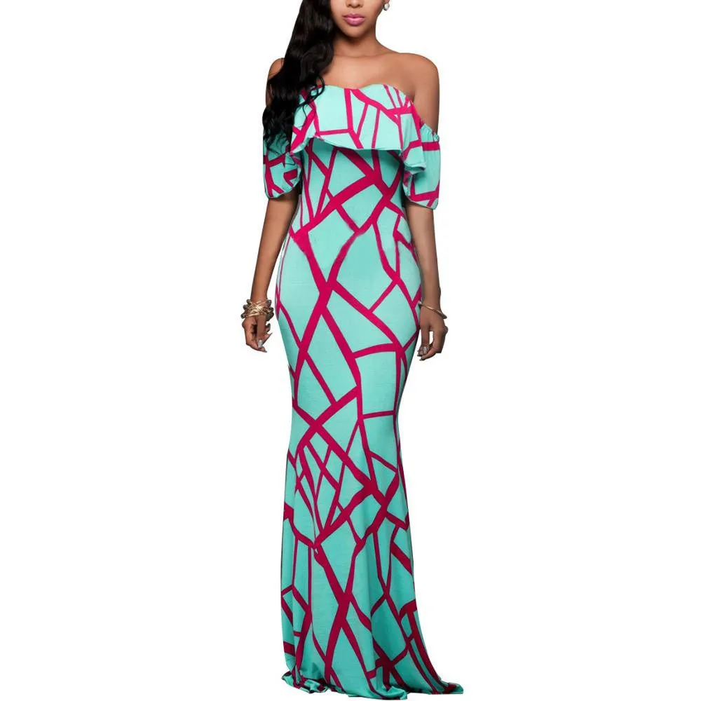 Boho Fashion Bodycon Long Summer Dresses Off The Shoulder Strapless Flower Print Backless Elegant Party Maxi Dress