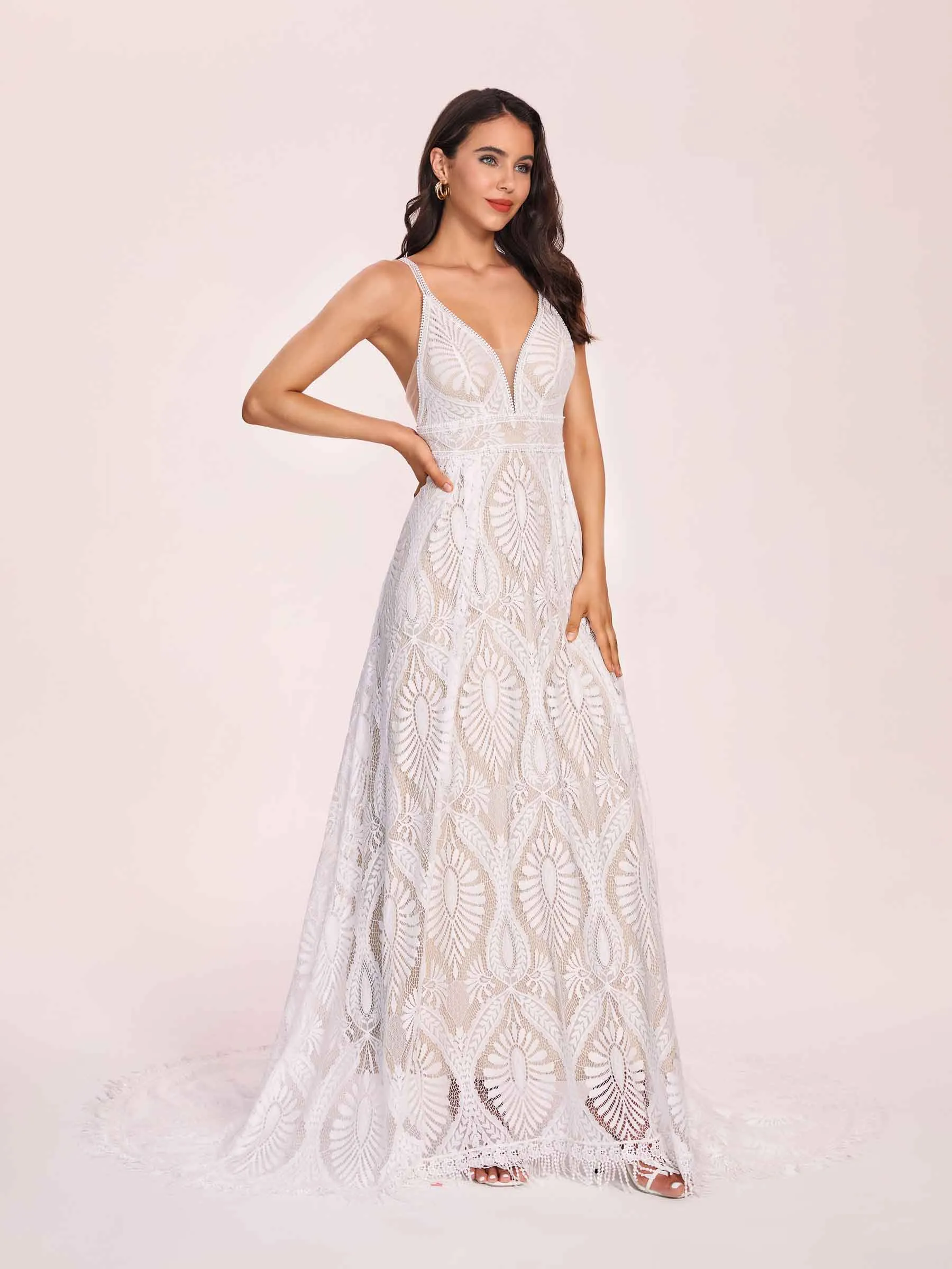 Boho Lace V-neck Long Sleeves Open Back A-line Floor Length With Train Wedding Dress